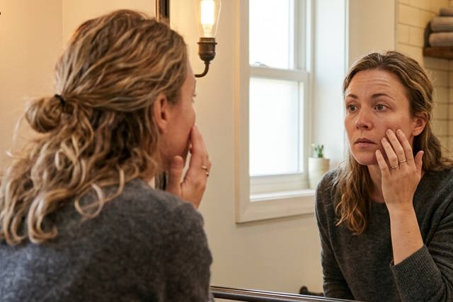 אישה מסתכלת במראה ומגעת בפנים.