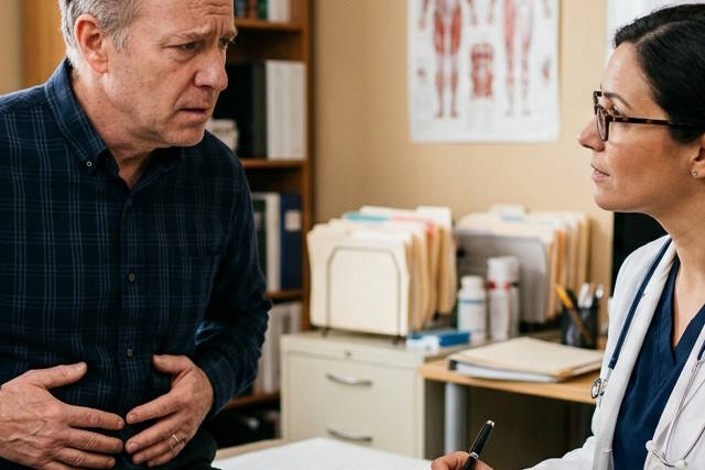 רופא מדבר עם מטופל מודאג.