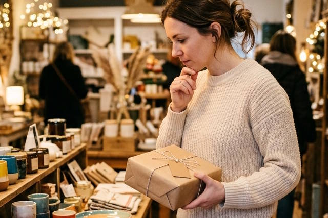 אישה בוחרת מתנה בחנות.