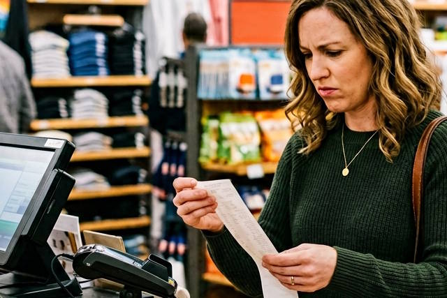 אישה שקוראת את קבלת הקנייה