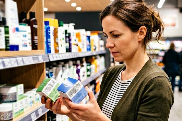 אישה בוחנת מוצרי טיפוח בחנות