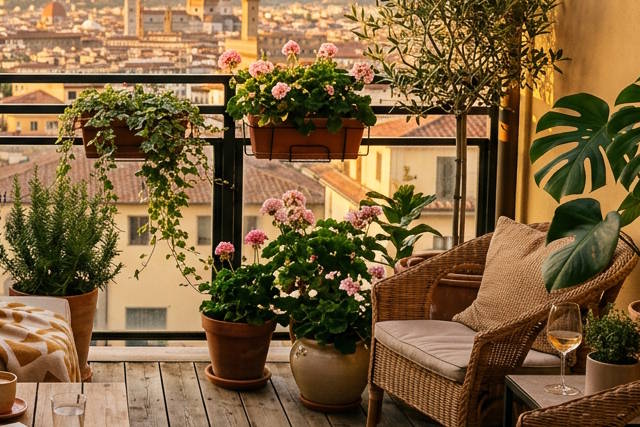 מרפסת עם צמחים ושהייה נוחה