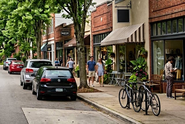 רחוב עם חנויות ומכוניות נוסעות