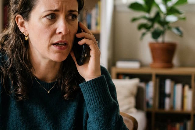 אישה מדברת בטלפון, נראית מודאגת.