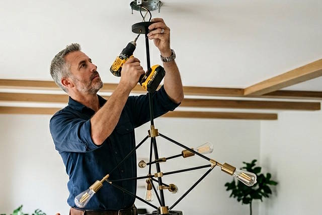 גבר מתקין מנורת תקרה חדשה